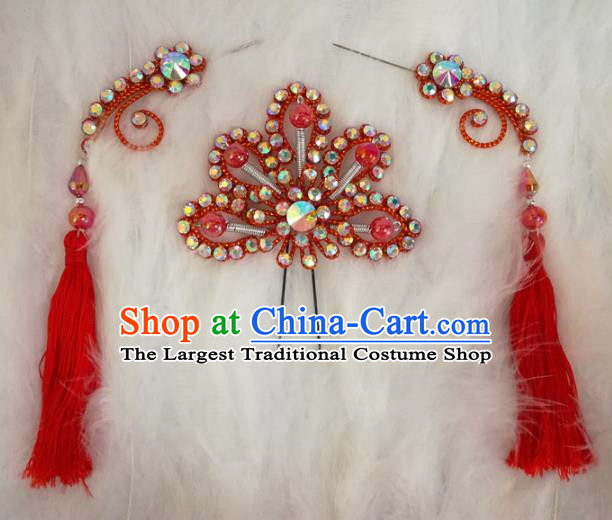 Chinese Traditional Beijing Opera Hair Accessories Peking Opera Red Flower Hairpins Tassel Step Shake for Adults