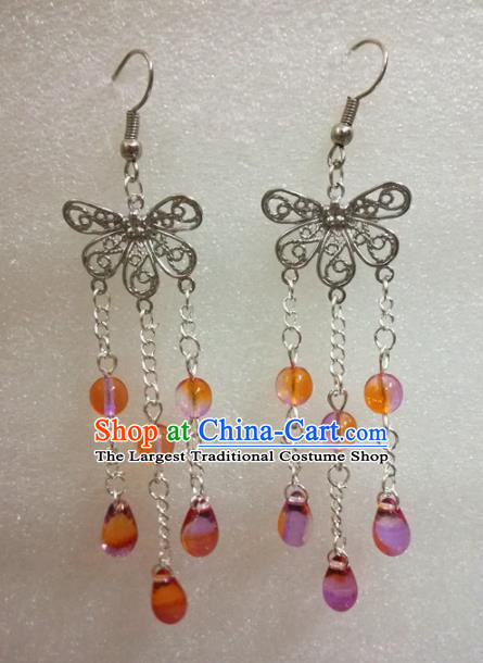Chinese Traditional Beijing Opera Accessories Peking Opera Orange Beads Tassel Butterfly Earrings for Adults