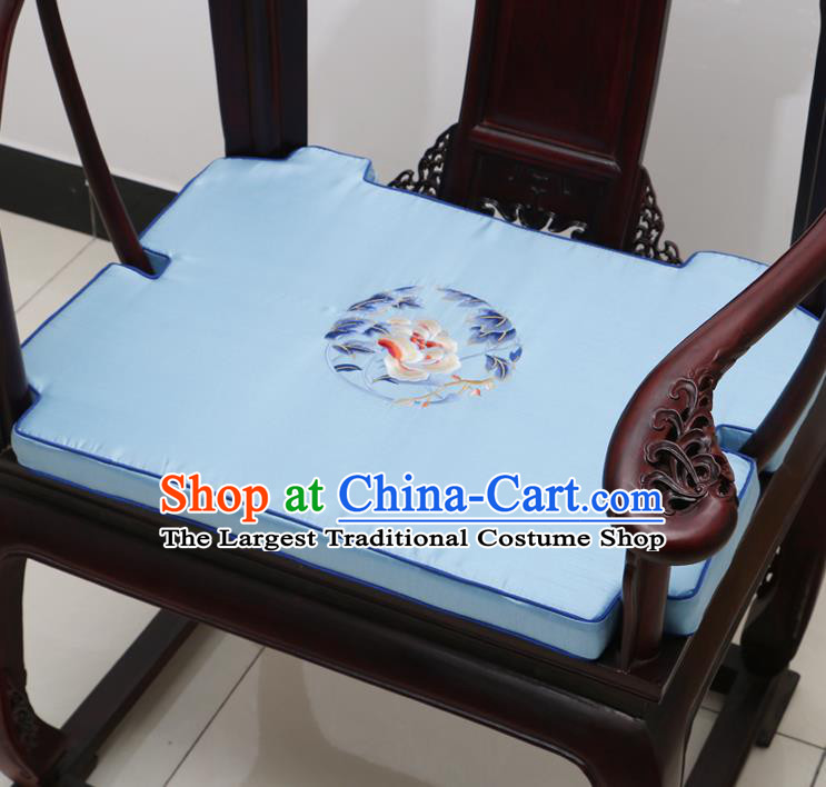 Chinese Classical Household Ornament Armchair Cushion Cover Traditional Embroidered Peony Blue Brocade Mat Cover