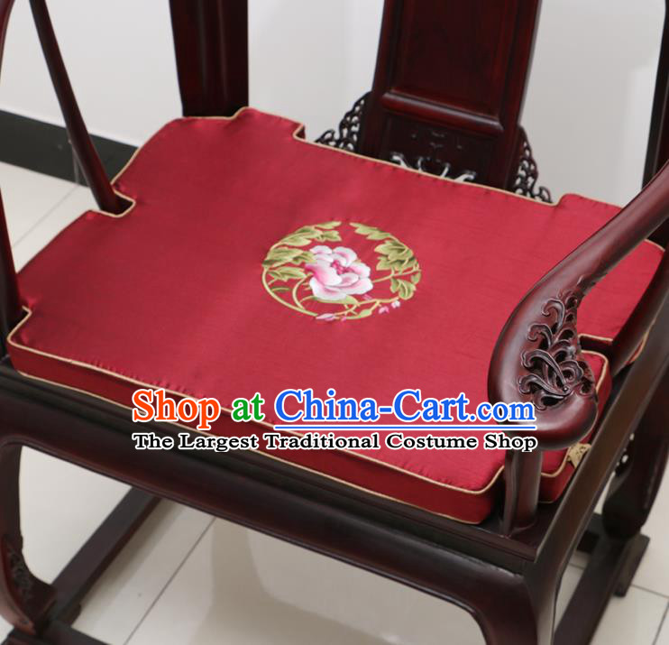 Chinese Classical Household Ornament Armchair Cushion Cover Traditional Embroidered Peony Purplish Red Brocade Mat Cover