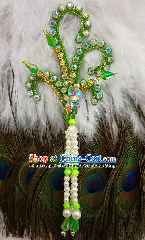 Chinese Traditional Beijing Opera Hair Accessories Peking Opera Beads Tassel Green Phoenix Hairpins for Adults