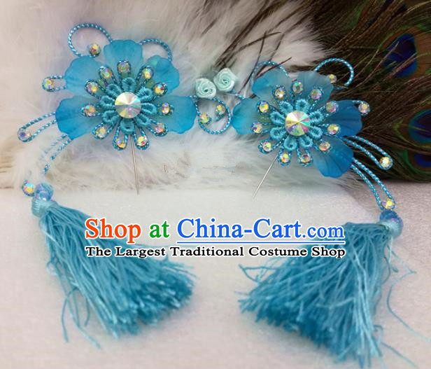Chinese Traditional Beijing Opera Actress Blue Tassel Flower Hair Clips Hair Accessories Ancient Hairpins for Adults