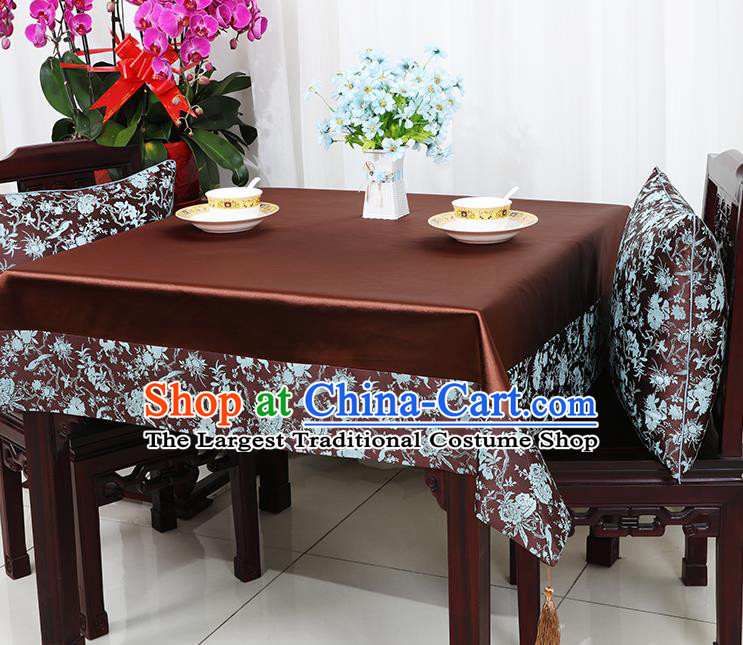 Chinese Traditional Peony Birds Pattern Brown Brocade Table Cloth Classical Satin Household Ornament Desk Cover