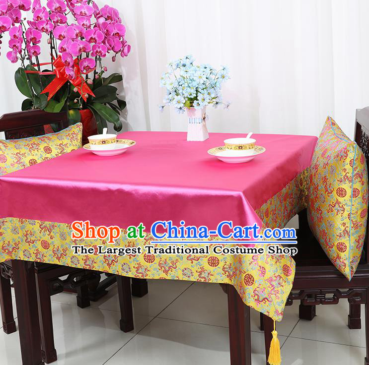 Chinese Traditional Dragons Pattern Rosy Brocade Table Cloth Classical Satin Household Ornament Desk Cover