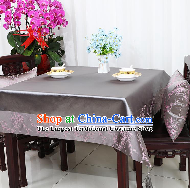 Chinese Traditional Plum Blossom Pattern Grey Brocade Table Cloth Classical Satin Household Ornament Desk Cover