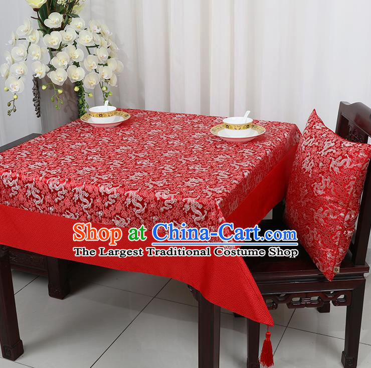 Chinese Traditional Dragons Pattern Red Brocade Table Cloth Classical Satin Household Ornament Desk Cover