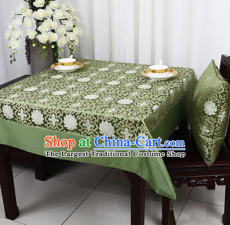 Chinese Traditional Lotus Pattern Green Brocade Table Cloth Classical Satin Household Ornament Desk Cover