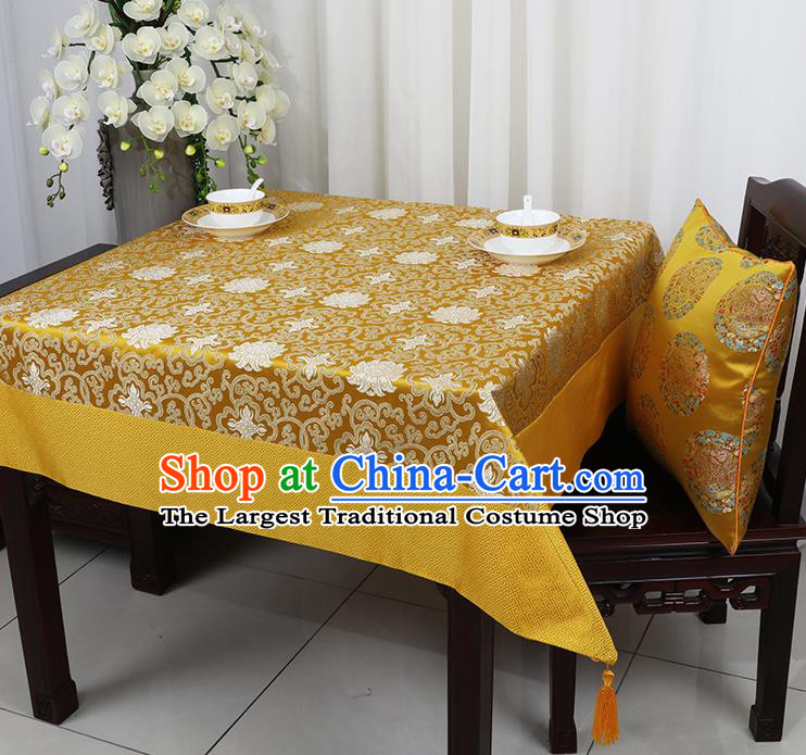 Chinese Traditional Lotus Pattern Golden Brocade Table Cloth Classical Satin Household Ornament Desk Cover
