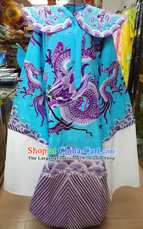 Chinese Traditional Beijing Opera Minister Costume Peking Opera Old Gentleman Blue Embroidered Robe for Adults