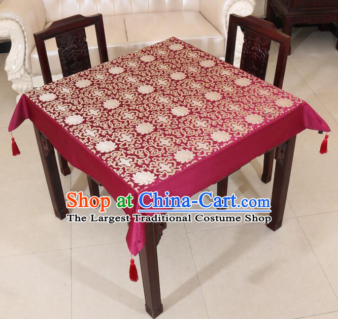 Chinese Traditional Lotus Pattern Wine Red Brocade Desk Cloth Classical Satin Household Ornament Table Cover