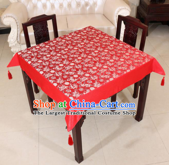 Chinese Traditional Longevity Dragons Pattern Red Brocade Desk Cloth Classical Satin Household Ornament Table Cover