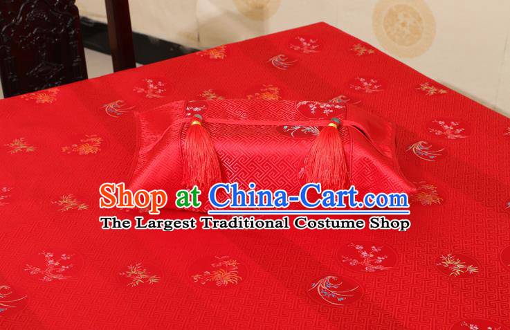 Chinese Traditional Orchid Bamboo Chrysanthemum Pattern Red Brocade Desk Cloth Classical Satin Household Ornament Table Cover