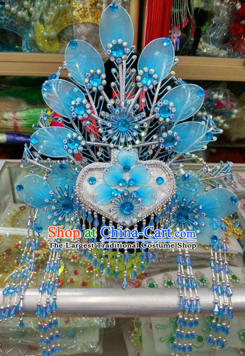 Chinese Traditional Beijing Opera Imperial Consort Blue Phoenix Coronet Head Ornaments Hair Accessories for Adults