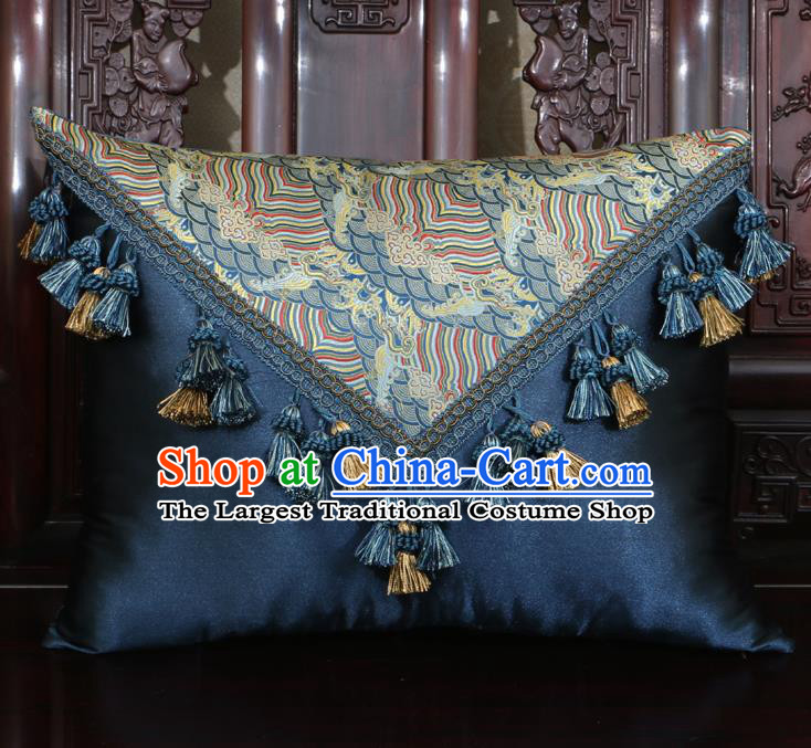 Chinese Traditional Wave Pattern Navy Brocade Back Cushion Cover Classical Household Ornament