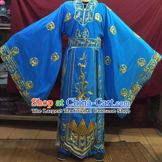 Chinese Traditional Beijing Opera Emperor Costume Peking Opera King Blue Embroidered Robe for Adults