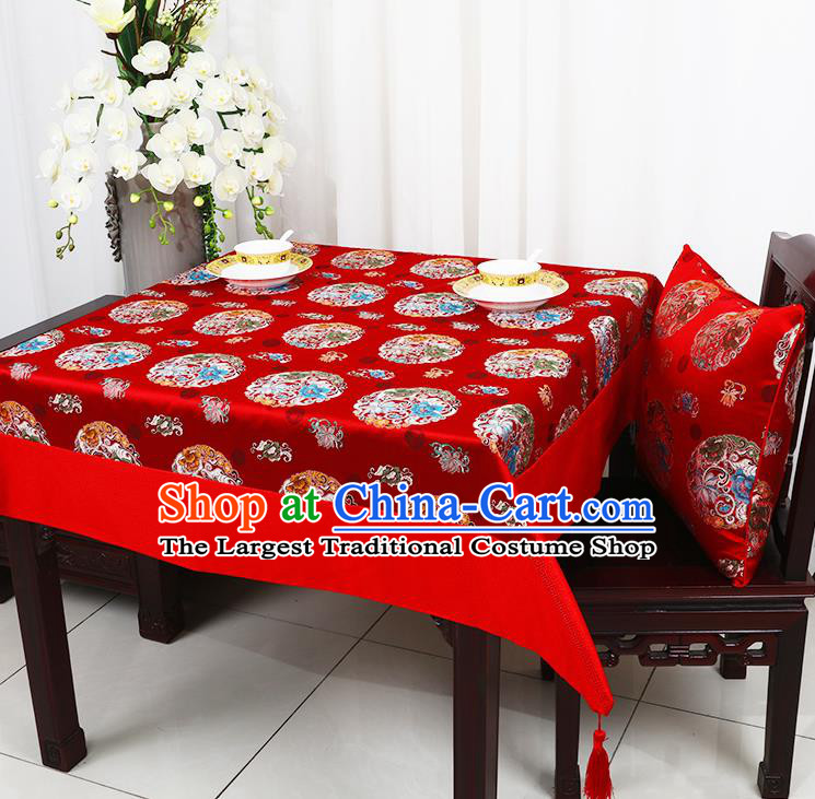 Chinese Traditional Peony Lotus Pattern Red Brocade Table Cloth Classical Satin Household Ornament Desk Cover