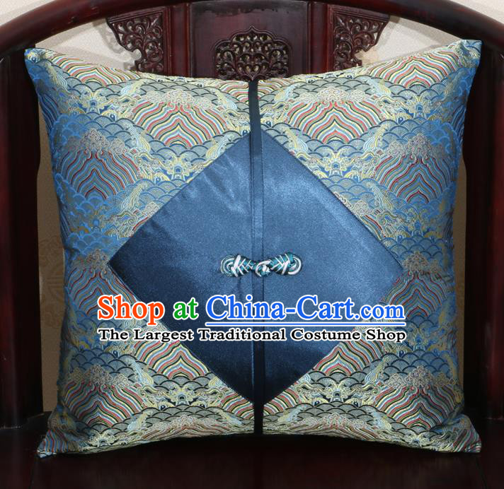 Chinese Classical Wave Pattern Navy Brocade Pipa Button Back Cushion Cover Traditional Household Ornament