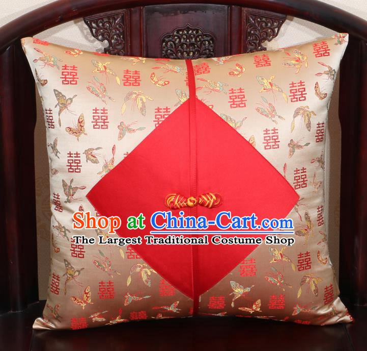 Chinese Classical Butterfly Pattern Golden Brocade Pipa Button Back Cushion Cover Traditional Household Ornament