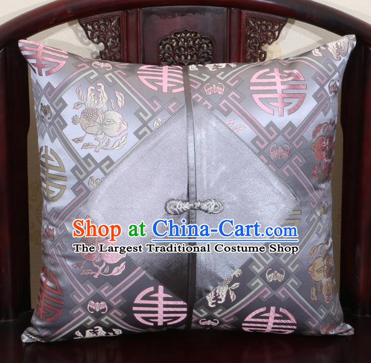 Chinese Classical Pomegranate Pattern Grey Brocade Pipa Button Back Cushion Cover Traditional Household Ornament