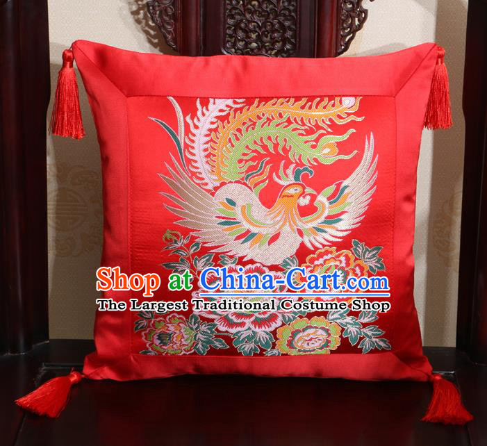 Chinese Classical Phoenix Peony Pattern Red Brocade Square Cushion Cover Traditional Household Ornament