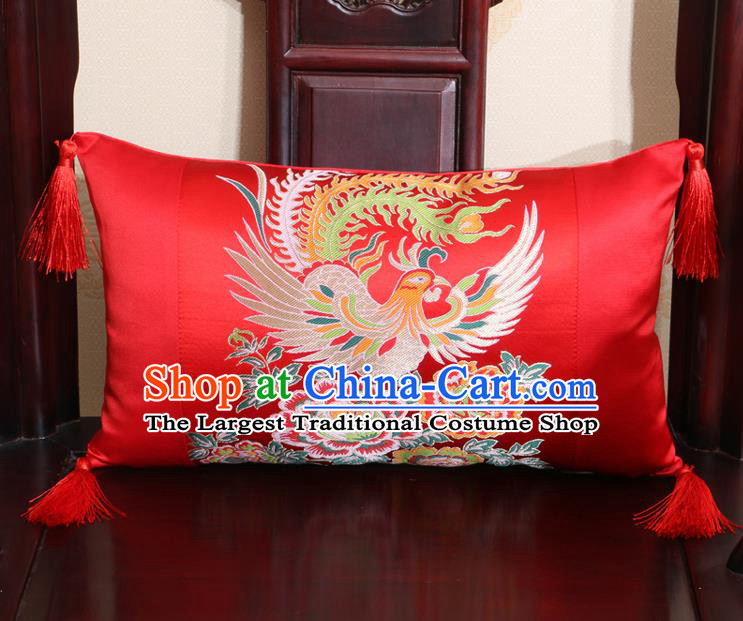 Chinese Traditional Phoenix Peony Pattern Red Brocade Back Cushion Cover Classical Household Ornament