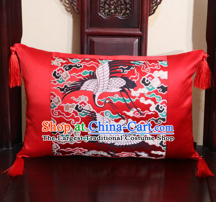 Chinese Traditional Cranes Pattern Red Brocade Back Cushion Cover Classical Household Ornament