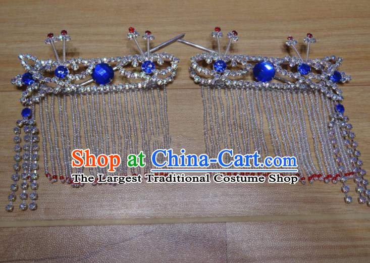 Chinese Traditional Beijing Opera Diva Sidebums Royalblue Tassel Hairpins Princess Hair Accessories for Adults