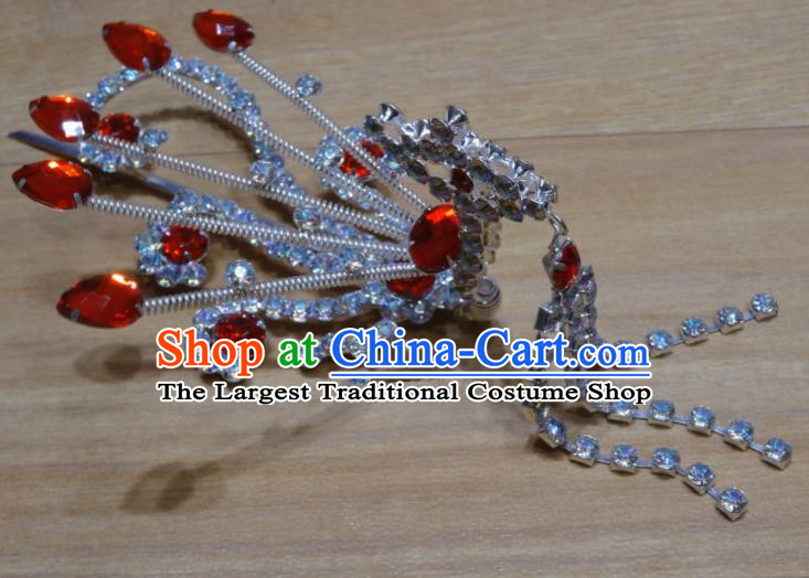 Chinese Traditional Beijing Opera Red Crystal Phoenix Tassel Hairpins Princess Hair Accessories for Adults