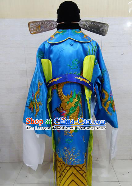Chinese Traditional Beijing Opera Prime Minister Blue Embroidered Robe Peking Opera Old Men Costume for Adults