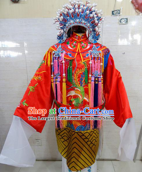 Chinese Traditional Beijing Opera Queen Red Embroidered Phoenix Robe Peking Opera Costume for Adults