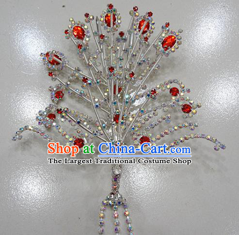 Chinese Traditional Beijing Opera Queen Phoenix Hairpins Princess Red Crystal Tassel Hair Clip for Adults