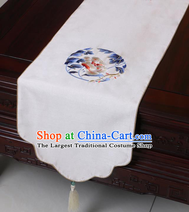 Chinese Traditional Embroidered Peony White Brocade Table Cloth Classical Satin Household Ornament Table Flag