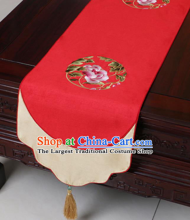 Chinese Traditional Embroidered Peony Red Brocade Table Cloth Classical Satin Household Ornament Table Flag