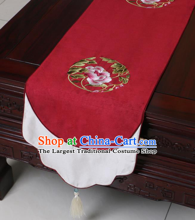 Chinese Traditional Embroidered Peony Wine Red Brocade Table Cloth Classical Satin Household Ornament Table Flag