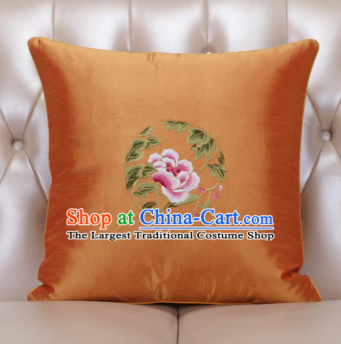 Chinese Traditional Embroidered Peony Orange Brocade Back Cushion Cover Classical Household Ornament