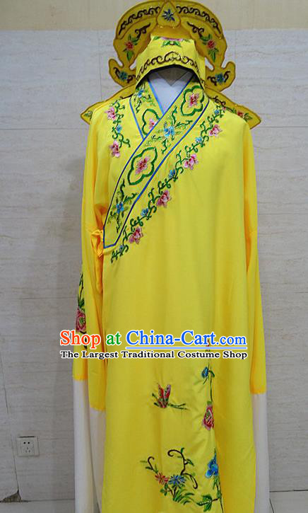 Professional Chinese Beijing Opera Niche Embroidered Peony Yellow Robe Traditional Peking Opera Scholar Costume for Adults