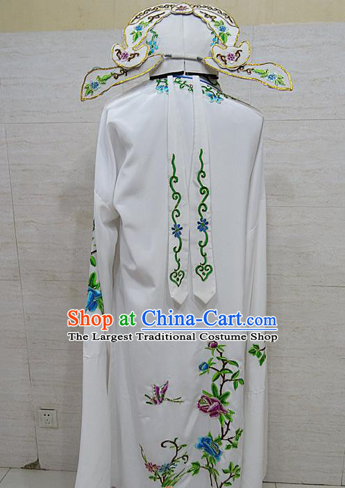 Professional Chinese Beijing Opera Niche Embroidered Peony White Robe Traditional Peking Opera Scholar Costume for Adults
