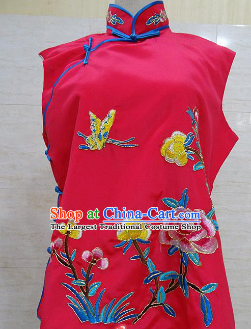 Chinese Traditional Beijing Opera Embroidered Peony Rosy Waistcoat Peking Opera Maidservants Costume for Adults
