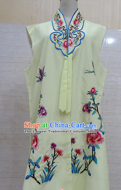 Chinese Traditional Beijing Opera Maidservants Light Yellow Embroidered Peony Waistcoat Peking Opera Costume for Adults