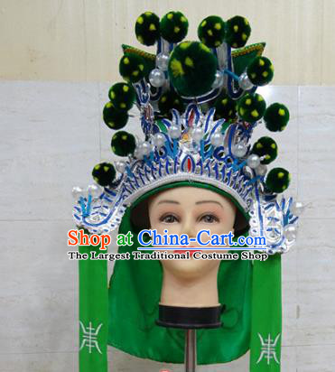 Chinese Traditional Beijing Opera Takefu Green Hat Ancient General Helmet Headwear for Adults