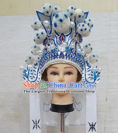 Chinese Traditional Beijing Opera Takefu White Hat Ancient General Helmet Headwear for Adults