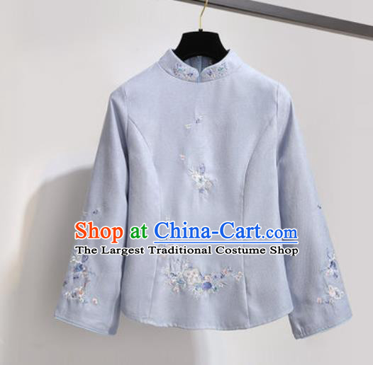 Chinese Traditional Costume Tang Suit Blue Qipao Blouse Cheongsam Upper Outer Garment for Women