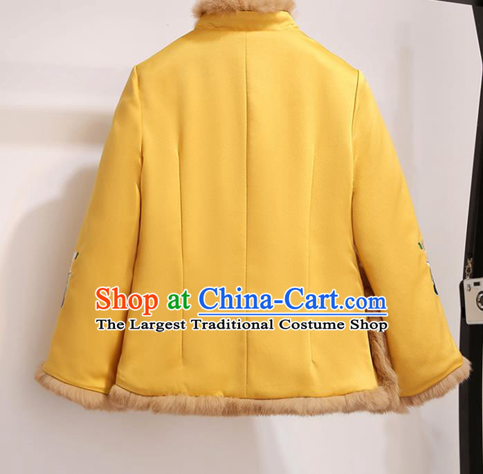 Chinese Traditional Costume Tang Suit Yellow Cotton Wadded Jacket Cheongsam Upper Outer Garment for Women