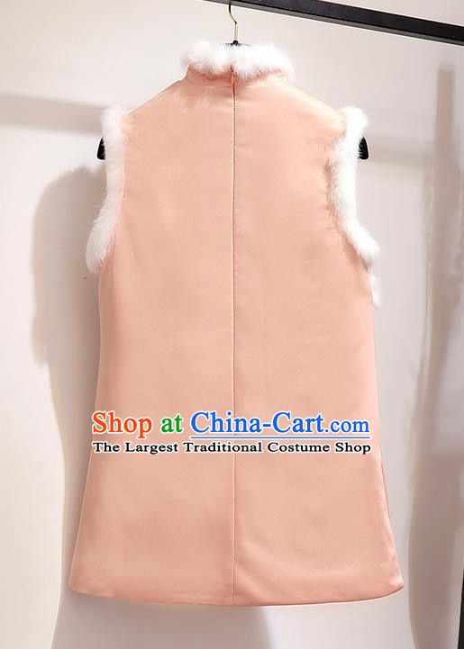 Chinese Traditional Costume Tang Suit Pink Vest Cheongsam Upper Outer Garment for Women