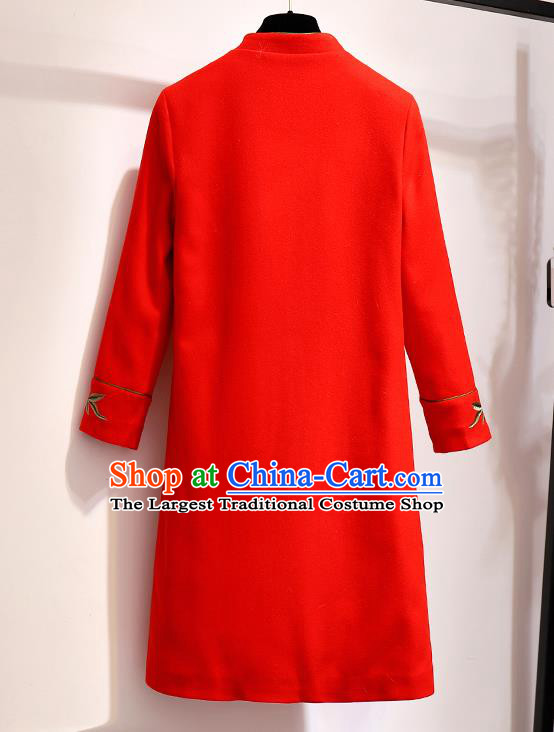 Chinese Traditional Costume Tang Suit Red Wool Dust Coat Cheongsam Upper Outer Garment for Women
