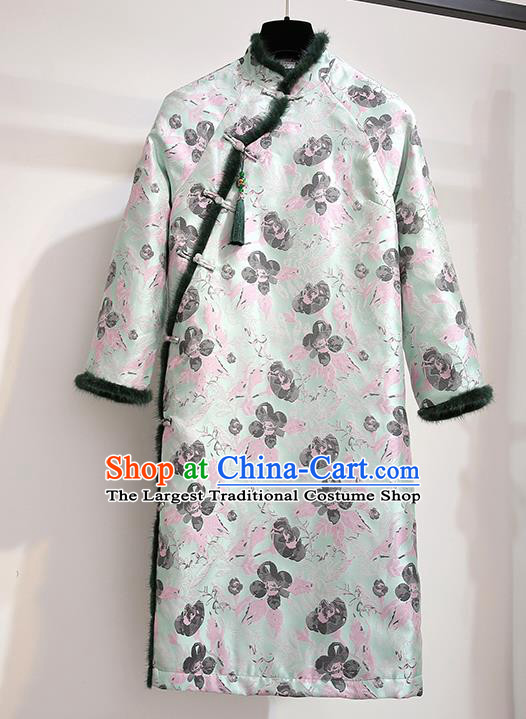 Chinese Traditional Tang Suit Costume Green Cotton Wadded Qipao Dress Cheongsam for Women