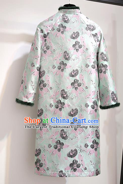 Chinese Traditional Tang Suit Costume Green Cotton Wadded Qipao Dress Cheongsam for Women