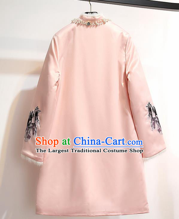 Chinese Traditional Costume Tang Suit Qipao Dress Embroidered Plum Blossom Pink Cheongsam for Women