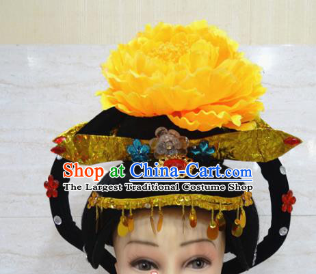Chinese Traditional Beijing Opera Actress Hair Accessories Ancient Queen Yellow Peony Hairpins and Wigs for Adults