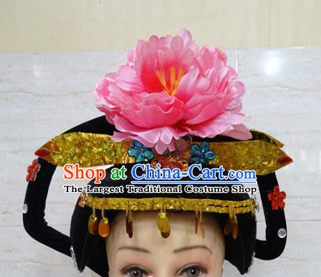 Chinese Traditional Beijing Opera Actress Hair Accessories Ancient Queen Pink Peony Hairpins and Wigs for Adults